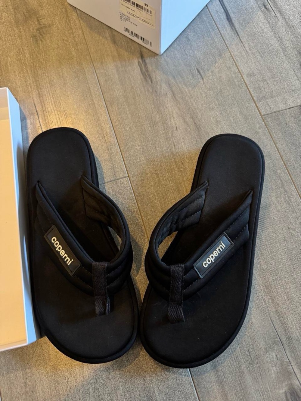 Coperni Black Quilted Thong Sandals with Logo Tag